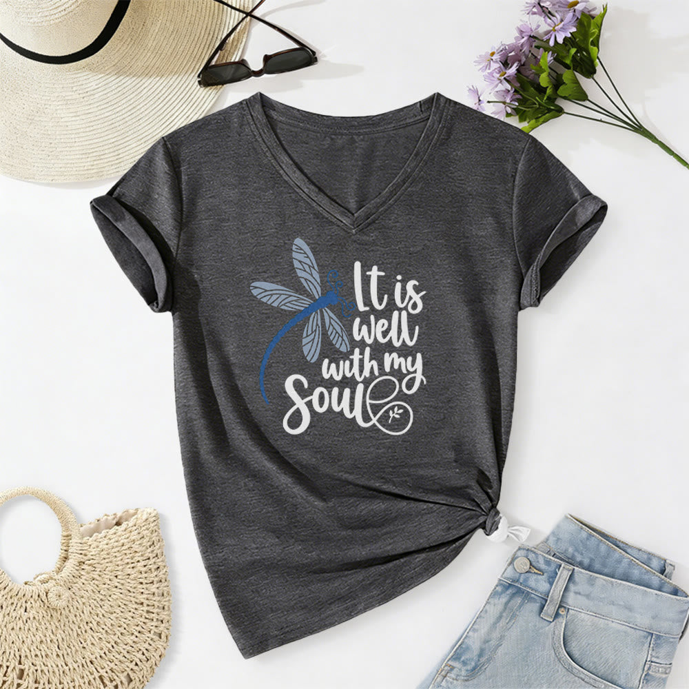 Christianartworkshop T-shirt casual con scollo a V e stampa calligrafica di libellula "It Is Well With My Soul" - Grigio scuro - 2XL - image 20