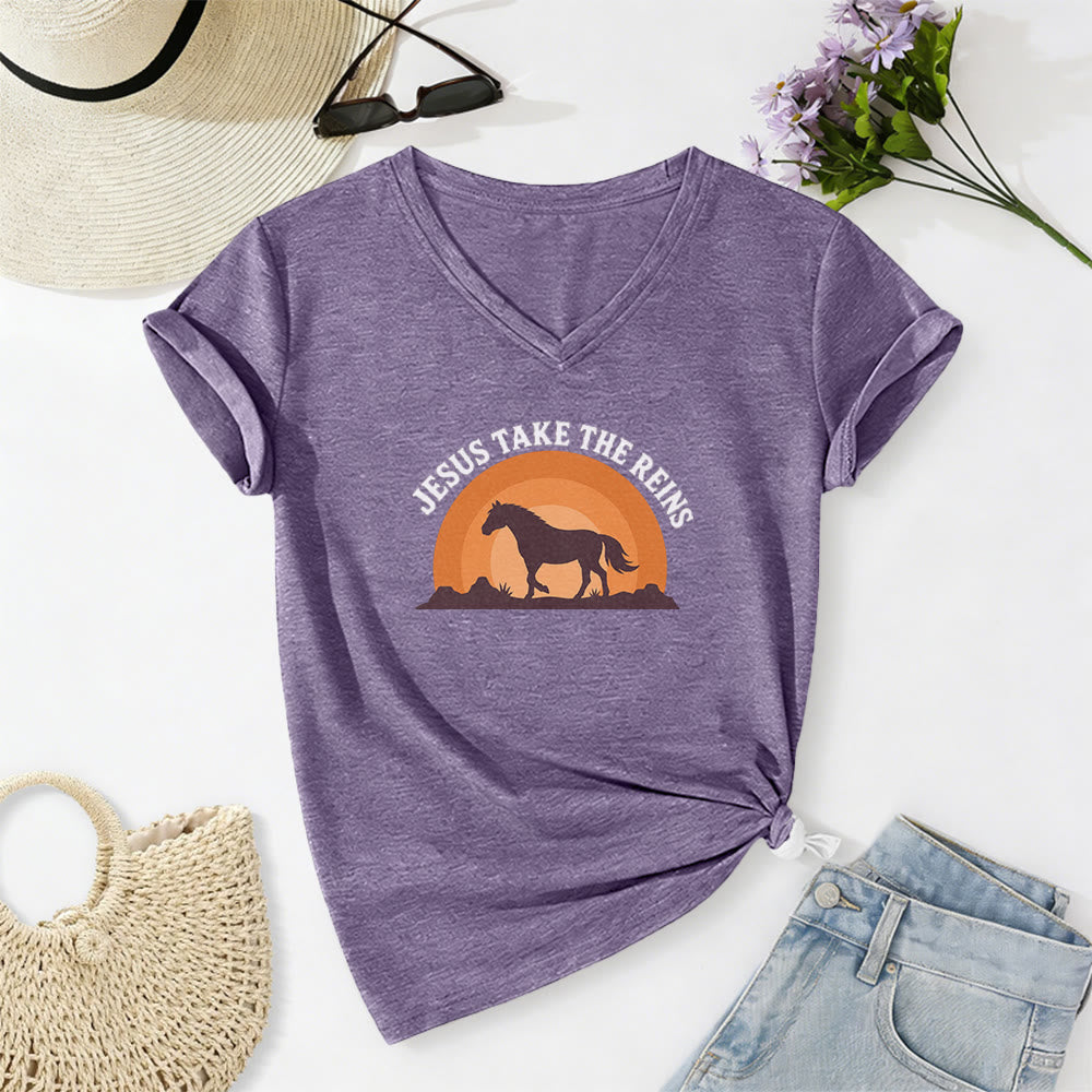 Christianartworkshop T-shirt casual con scollo a V e stampa "Gesù prendi le redini" con cavallo e tramonto. - Viola - 2XL - image 18