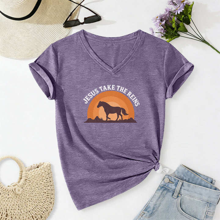 Christianartworkshop T-shirt casual con scollo a V e stampa "Gesù prendi le redini" con cavallo e tramonto. - Viola - 2XL - image 18