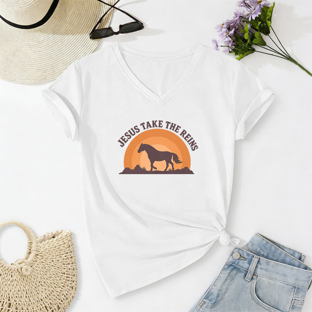 Christianartworkshop T-shirt casual con scollo a V e stampa "Gesù prendi le redini" con cavallo e tramonto. - Bianco - 2XL - image 8