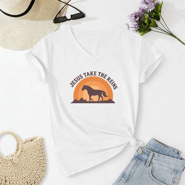 Christianartworkshop T-shirt casual con scollo a V e stampa "Gesù prendi le redini" con cavallo e tramonto. - Bianco - 2XL - image 8