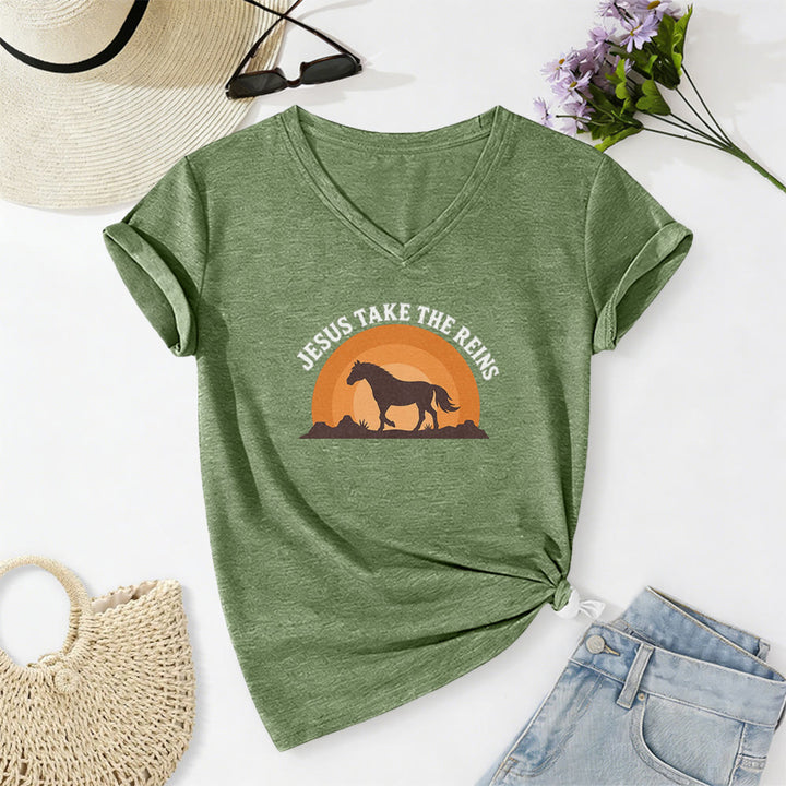 Christianartworkshop T-shirt casual con scollo a V e stampa "Gesù prendi le redini" con cavallo e tramonto. - Verde oliva - 2XL - image 6