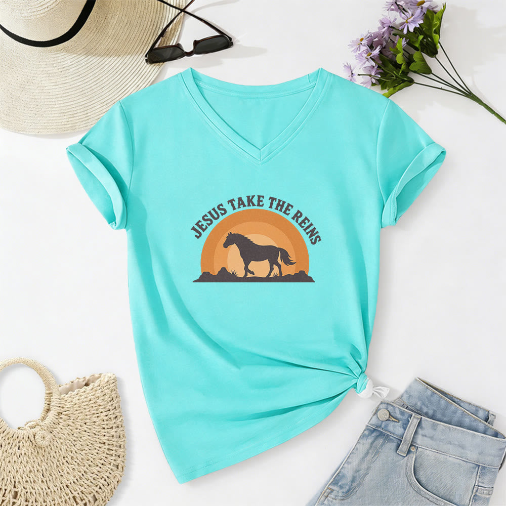 Christianartworkshop T-shirt casual con scollo a V e stampa "Gesù prendi le redini" con cavallo e tramonto. - Blu celeste - 2XL - image 10