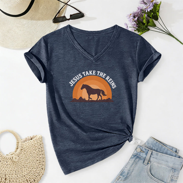Christianartworkshop T-shirt casual con scollo a V e stampa "Gesù prendi le redini" con cavallo e tramonto. - Blu navy - 2XL - image 20