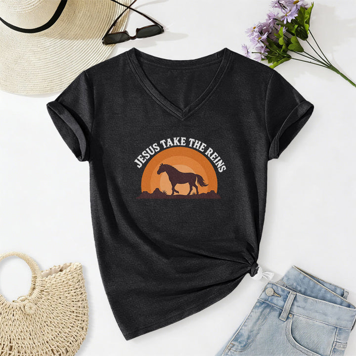 Christianartworkshop T-shirt casual con scollo a V e stampa "Gesù prendi le redini" con cavallo e tramonto. - Nero - 2XL - image 14
