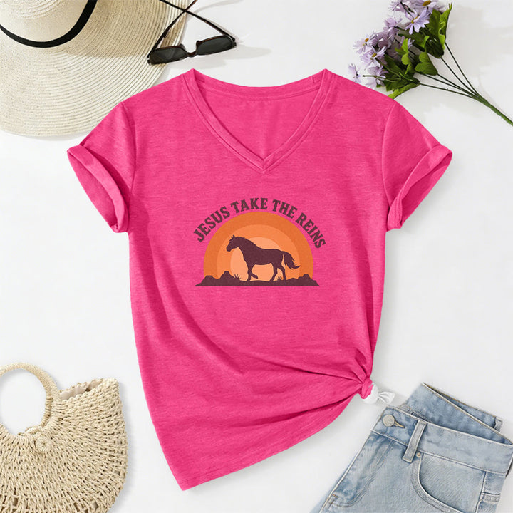 Christianartworkshop T-shirt casual con scollo a V e stampa "Gesù prendi le redini" con cavallo e tramonto. - Rosa - 2XL - image 24