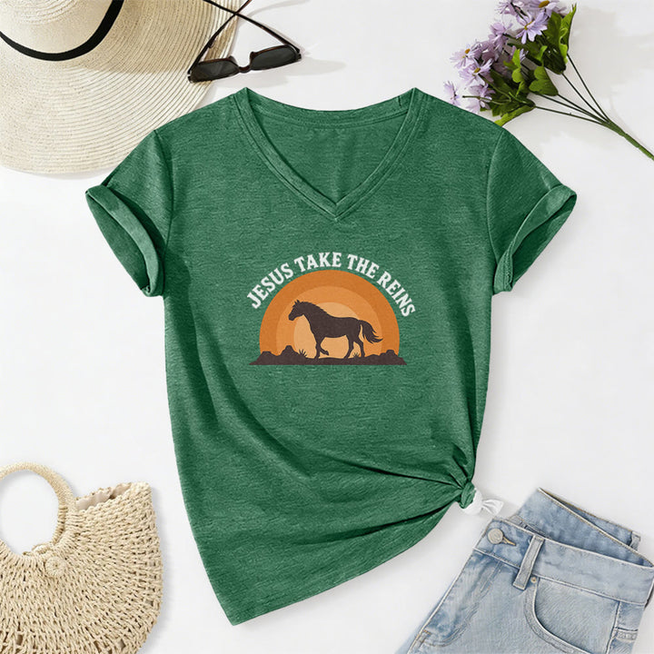 Christianartworkshop T-shirt casual con scollo a V e stampa "Gesù prendi le redini" con cavallo e tramonto. - Verde scuro - 2XL - image 16