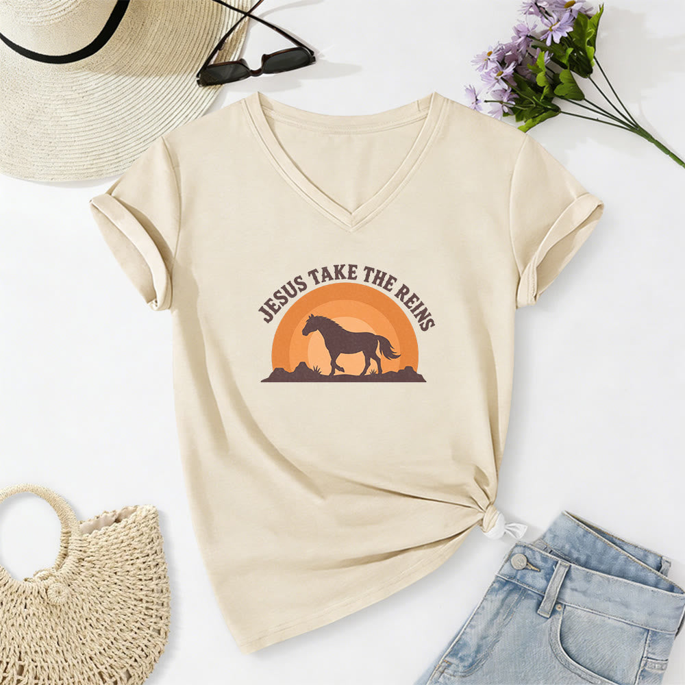 Christianartworkshop T-shirt casual con scollo a V e stampa "Gesù prendi le redini" con cavallo e tramonto. - Beige - 2XL - image 2