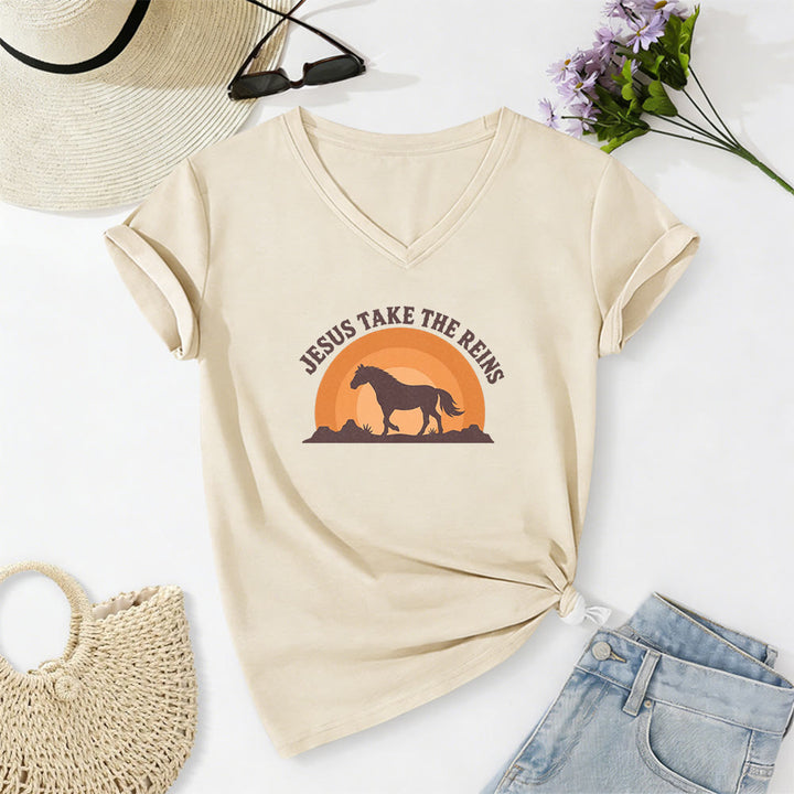 Christianartworkshop T-shirt casual con scollo a V e stampa "Gesù prendi le redini" con cavallo e tramonto. - Beige - 2XL - image 2