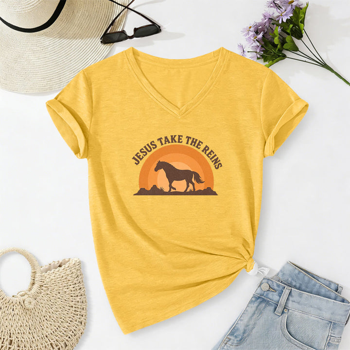 Christianartworkshop T-shirt casual con scollo a V e stampa "Gesù prendi le redini" con cavallo e tramonto. - Giallo - 2XL - image 4