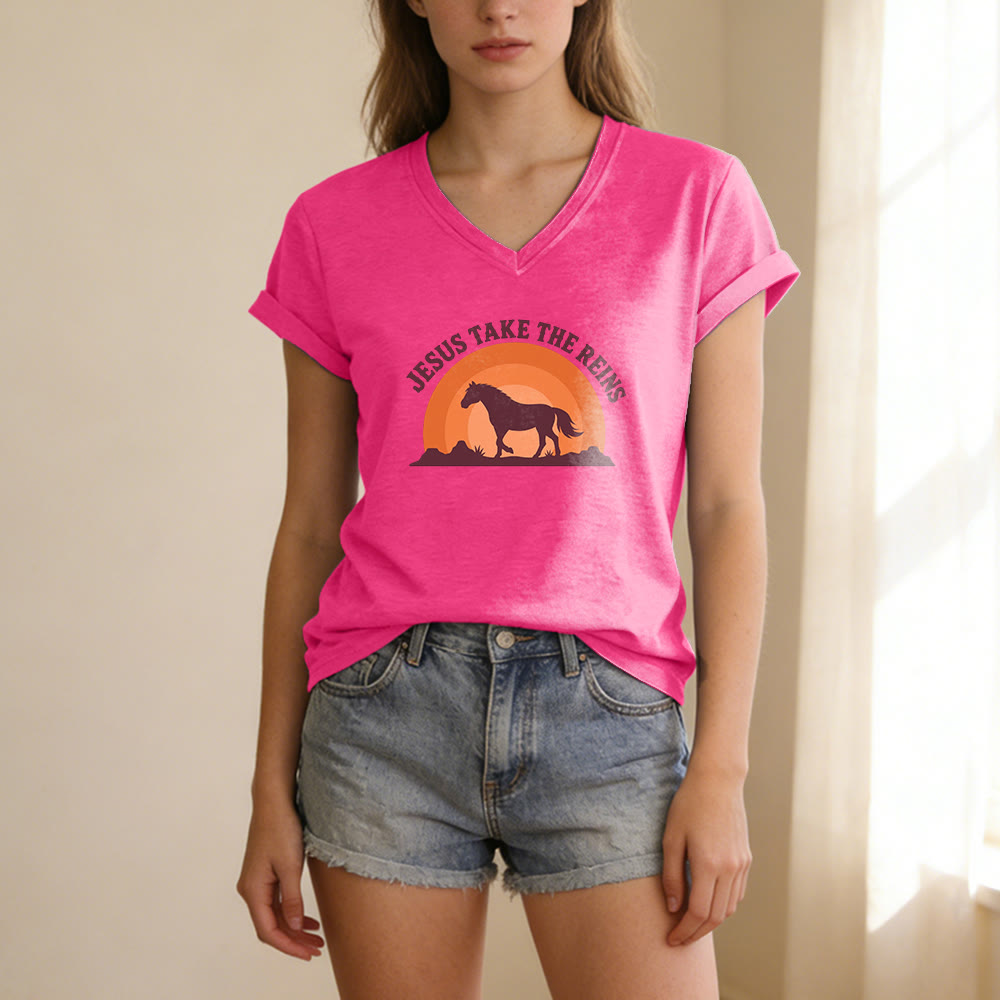 Christianartworkshop T-shirt casual con scollo a V e stampa "Gesù prendi le redini" con cavallo e tramonto. - image 25