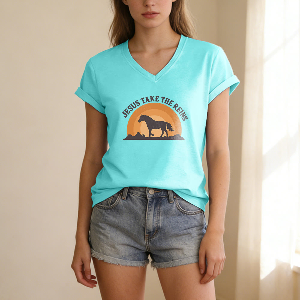 Christianartworkshop T-shirt casual con scollo a V e stampa "Gesù prendi le redini" con cavallo e tramonto. - image 11
