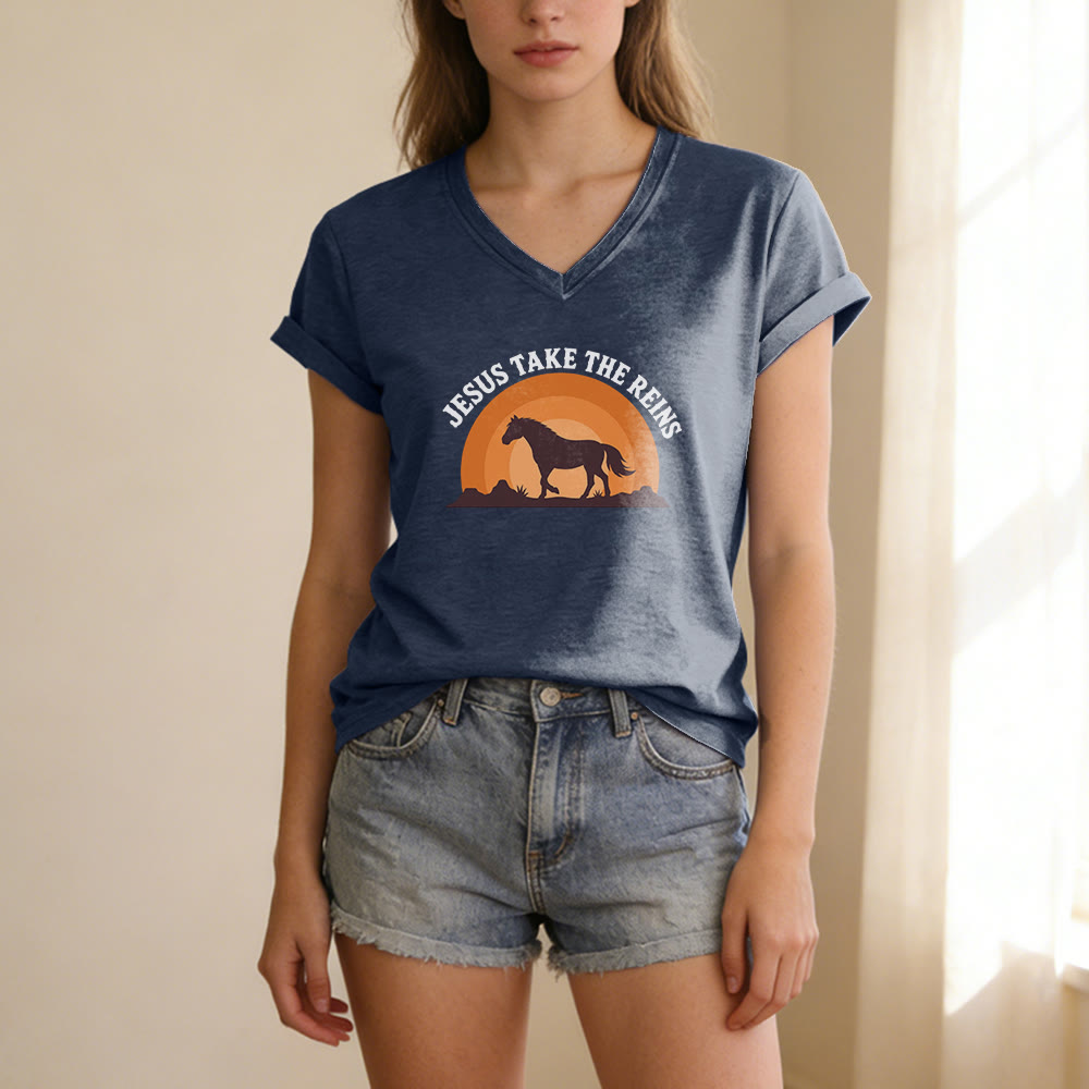 Christianartworkshop T-shirt casual con scollo a V e stampa "Gesù prendi le redini" con cavallo e tramonto. - image 21