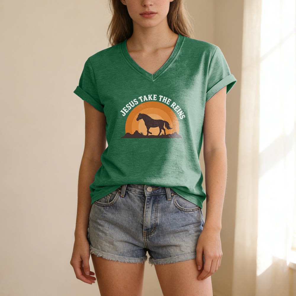 Christianartworkshop T-shirt casual con scollo a V e stampa "Gesù prendi le redini" con cavallo e tramonto. - image 17