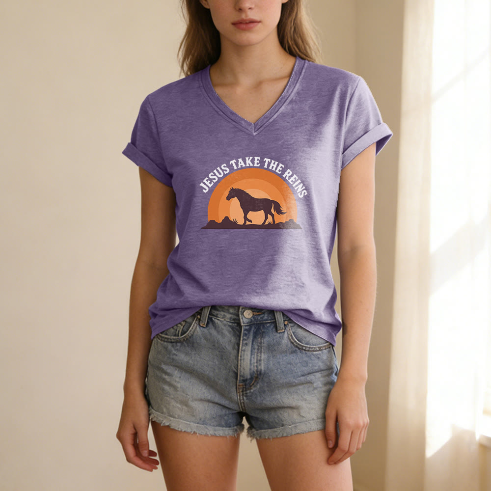 Christianartworkshop T-shirt casual con scollo a V e stampa "Gesù prendi le redini" con cavallo e tramonto. - image 19