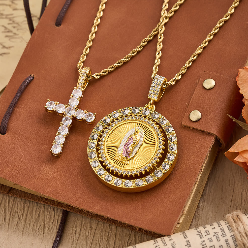 Collana con medaglione girevole della Madonna di Guadalupe con doppio alone di zirconi, realizzata Christianartworkshop : un ricordo della grazia divina. - image 2
