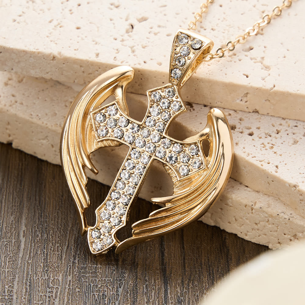 Christianartworkshop Collana con ciondolo a croce con ala d'angelo color oro e pietre di zircone: un simbolo di protezione divina - Ala e Croce - image 0