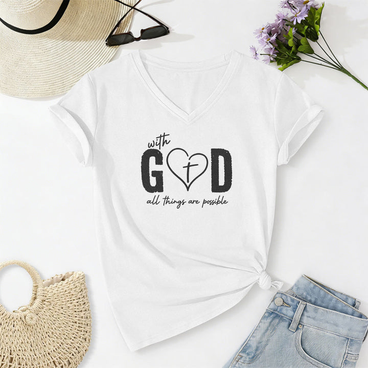 Christianartworkshop Con Dio tutto è possibile. T-shirt casual con scollo a V e stampa a cuore e croce. - Bianco - 2XL - image 6