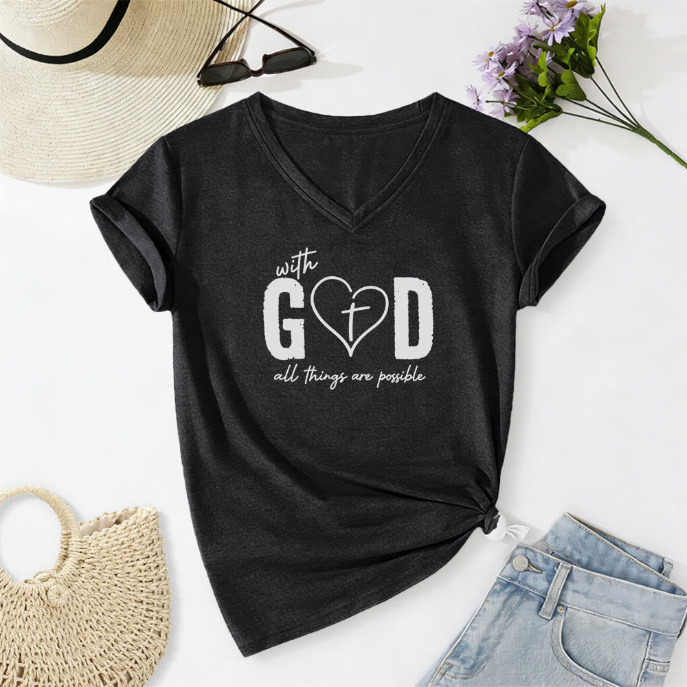 Christianartworkshop Con Dio tutto è possibile. T-shirt casual con scollo a V e stampa a cuore e croce. - Nero - 2XL - image 12
