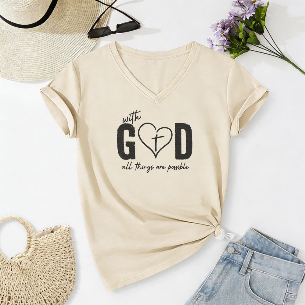 Christianartworkshop Con Dio tutto è possibile. T-shirt casual con scollo a V e stampa a cuore e croce. - Beige - 2XL - image 0