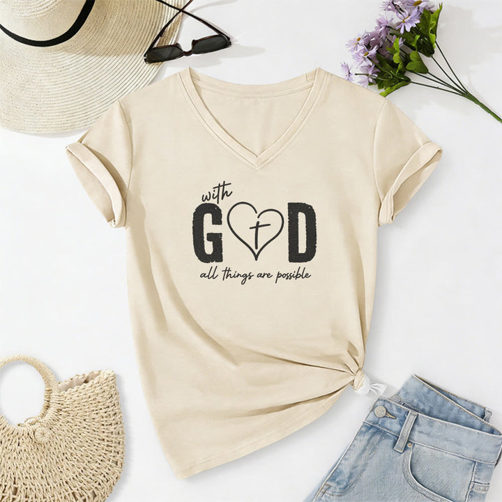Christianartworkshop Con Dio tutto è possibile. T-shirt casual con scollo a V e stampa a cuore e croce. - Beige - 2XL - image 0