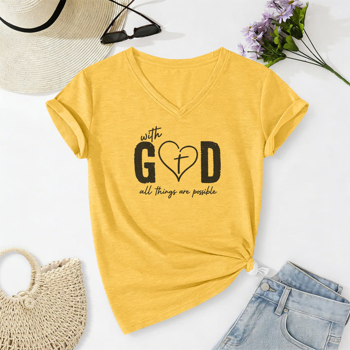 Christianartworkshop Con Dio tutto è possibile. T-shirt casual con scollo a V e stampa a cuore e croce. - Giallo - 2XL - image 2