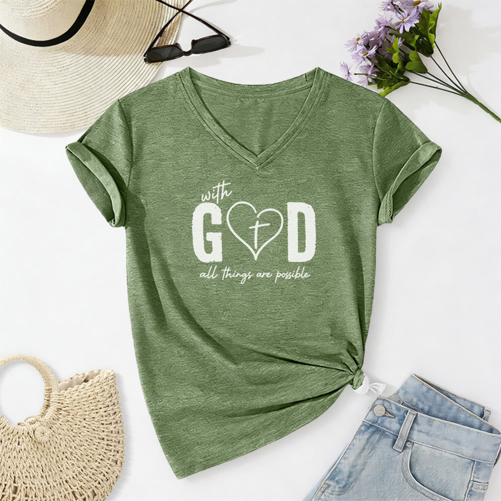 Christianartworkshop Con Dio tutto è possibile. T-shirt casual con scollo a V e stampa a cuore e croce. - Verde oliva - 2XL - image 4