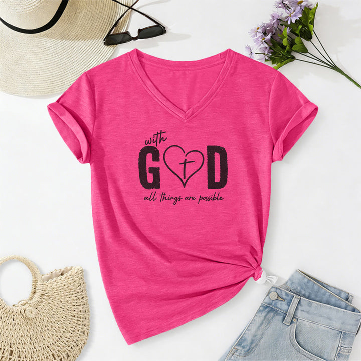 Christianartworkshop Con Dio tutto è possibile. T-shirt casual con scollo a V e stampa a cuore e croce. - Rosa - 2XL - image 24