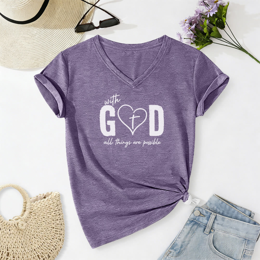 Christianartworkshop Con Dio tutto è possibile. T-shirt casual con scollo a V e stampa a cuore e croce. - Viola - 2XL - image 16