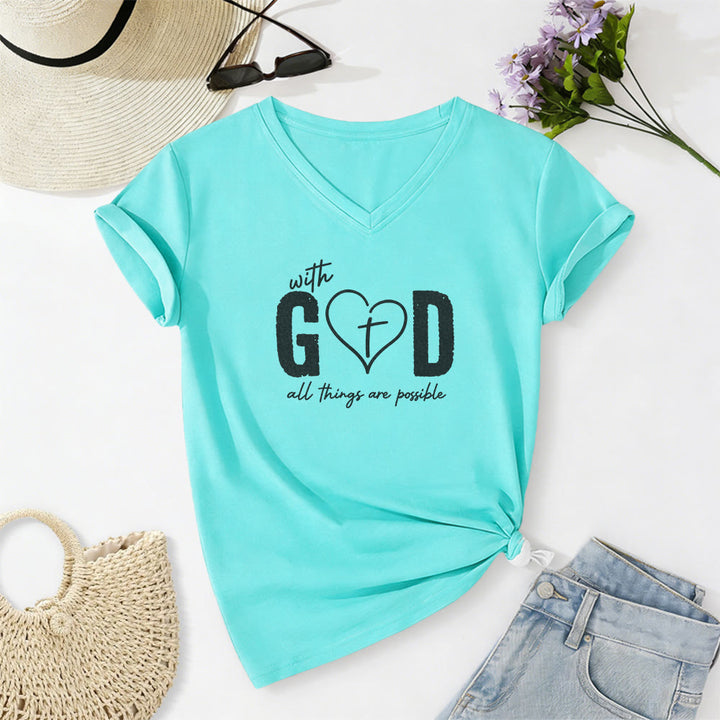 Christianartworkshop Con Dio tutto è possibile. T-shirt casual con scollo a V e stampa a cuore e croce. - Blu celeste - 2XL - image 8