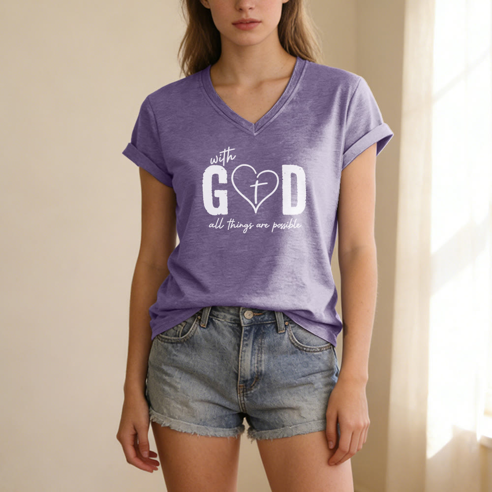 Christianartworkshop Con Dio tutto è possibile. T-shirt casual con scollo a V e stampa a cuore e croce. - image 17