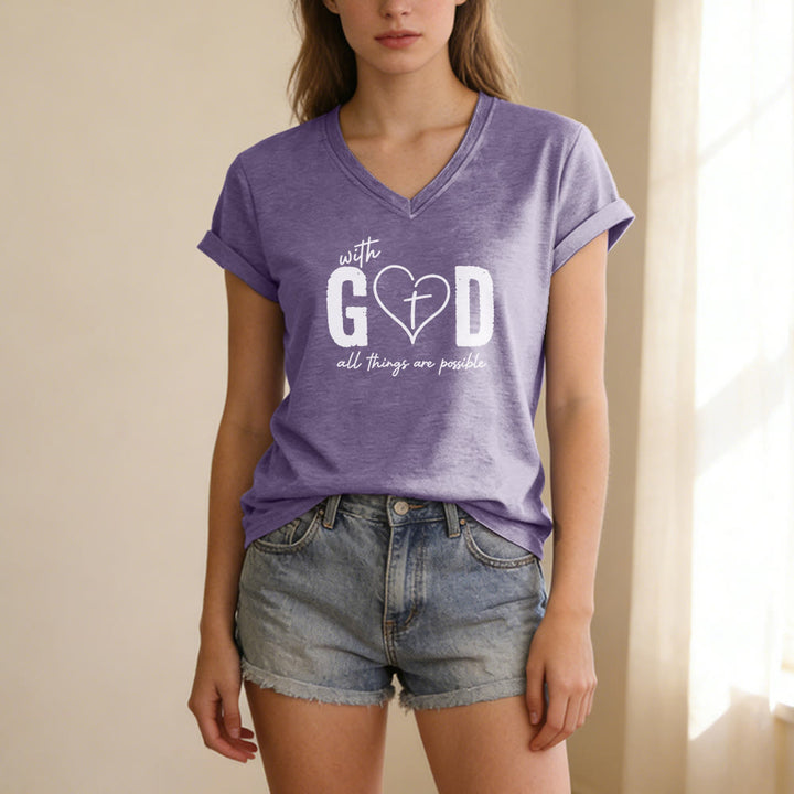 Christianartworkshop Con Dio tutto è possibile. T-shirt casual con scollo a V e stampa a cuore e croce. - image 17