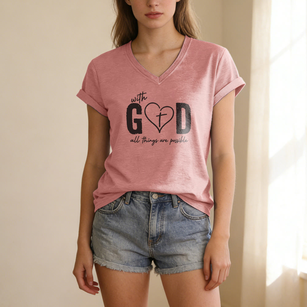 Christianartworkshop Con Dio tutto è possibile. T-shirt casual con scollo a V e stampa a cuore e croce. - image 11