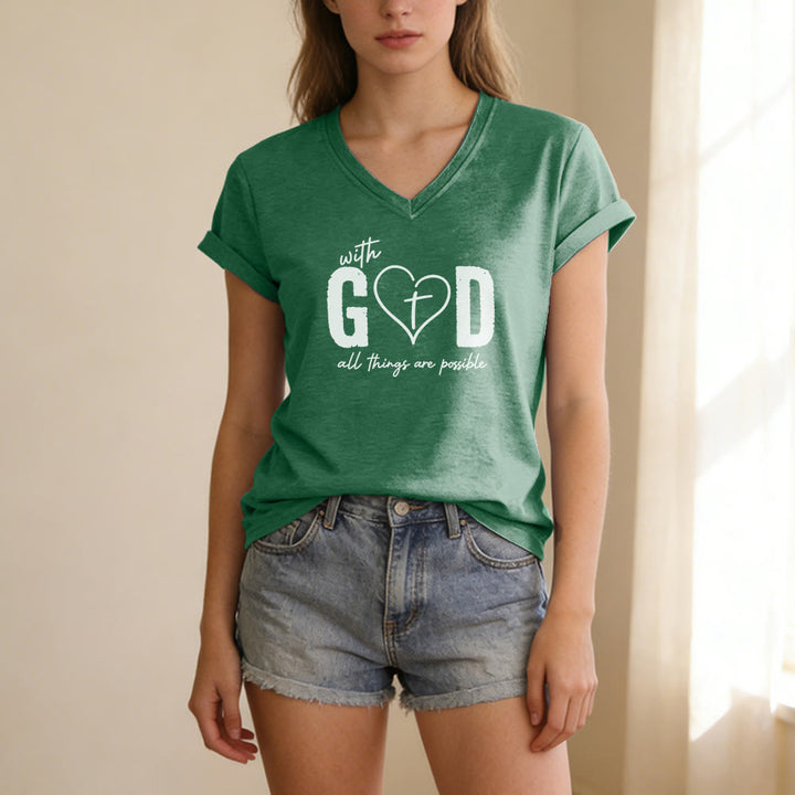 Christianartworkshop Con Dio tutto è possibile. T-shirt casual con scollo a V e stampa a cuore e croce. - image 15