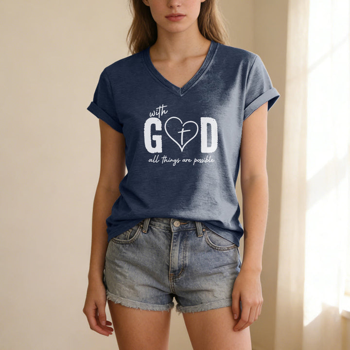 Christianartworkshop Con Dio tutto è possibile. T-shirt casual con scollo a V e stampa a cuore e croce. - image 19