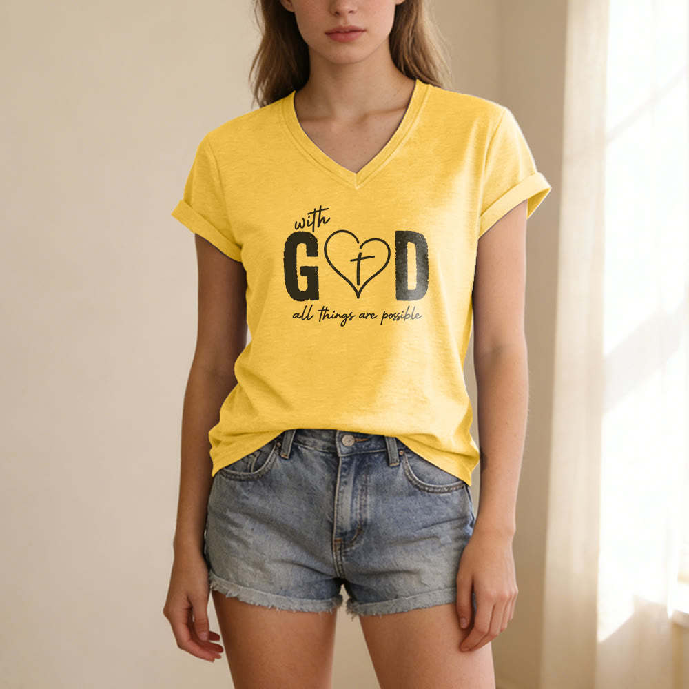 Christianartworkshop Con Dio tutto è possibile. T-shirt casual con scollo a V e stampa a cuore e croce. - image 3
