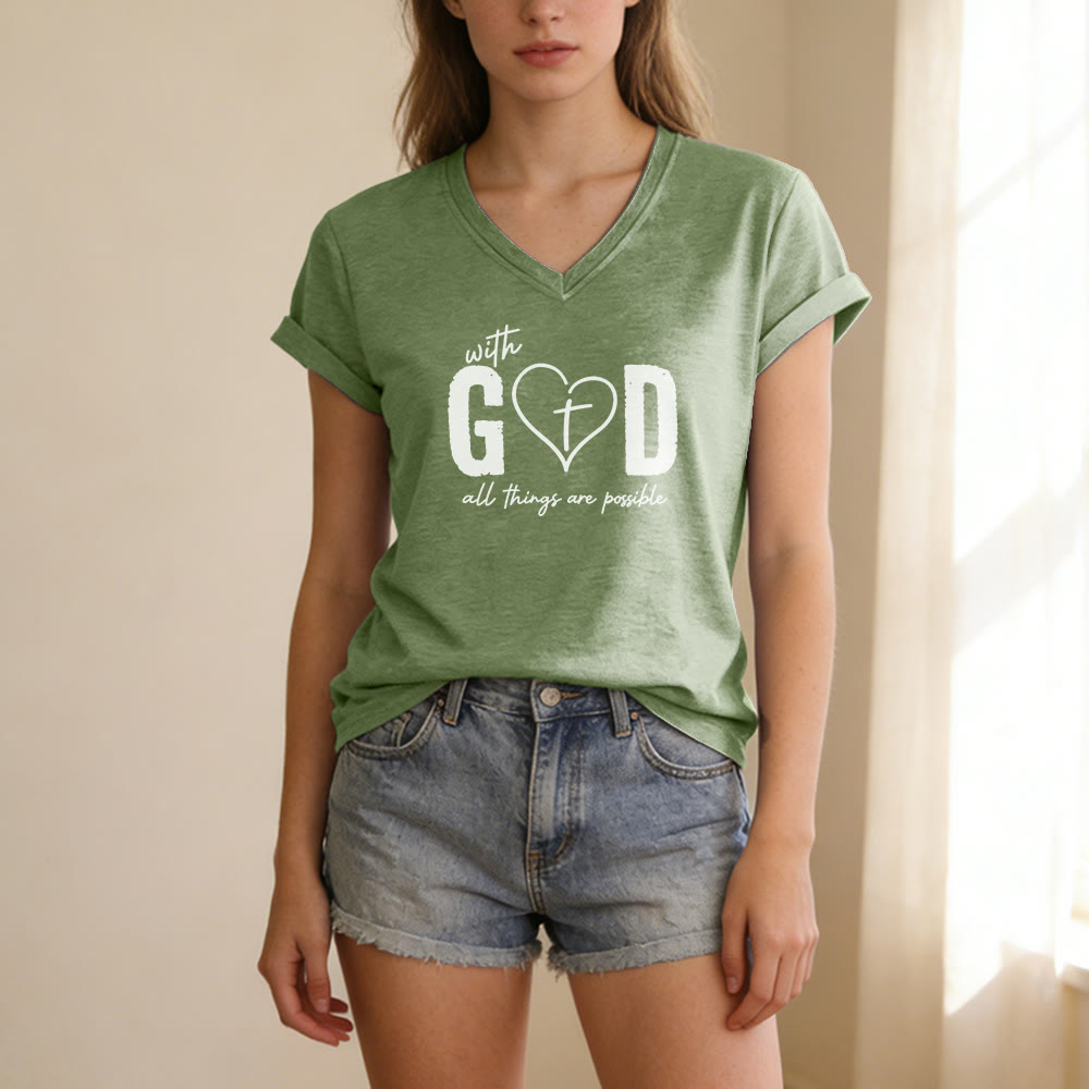 Christianartworkshop Con Dio tutto è possibile. T-shirt casual con scollo a V e stampa a cuore e croce. - image 5