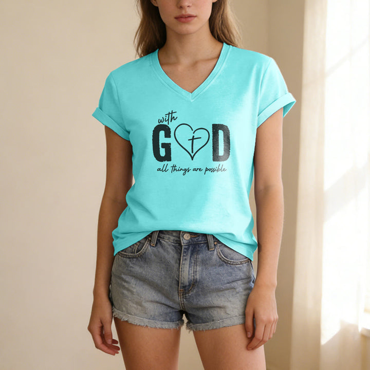 Christianartworkshop Con Dio tutto è possibile. T-shirt casual con scollo a V e stampa a cuore e croce. - image 9