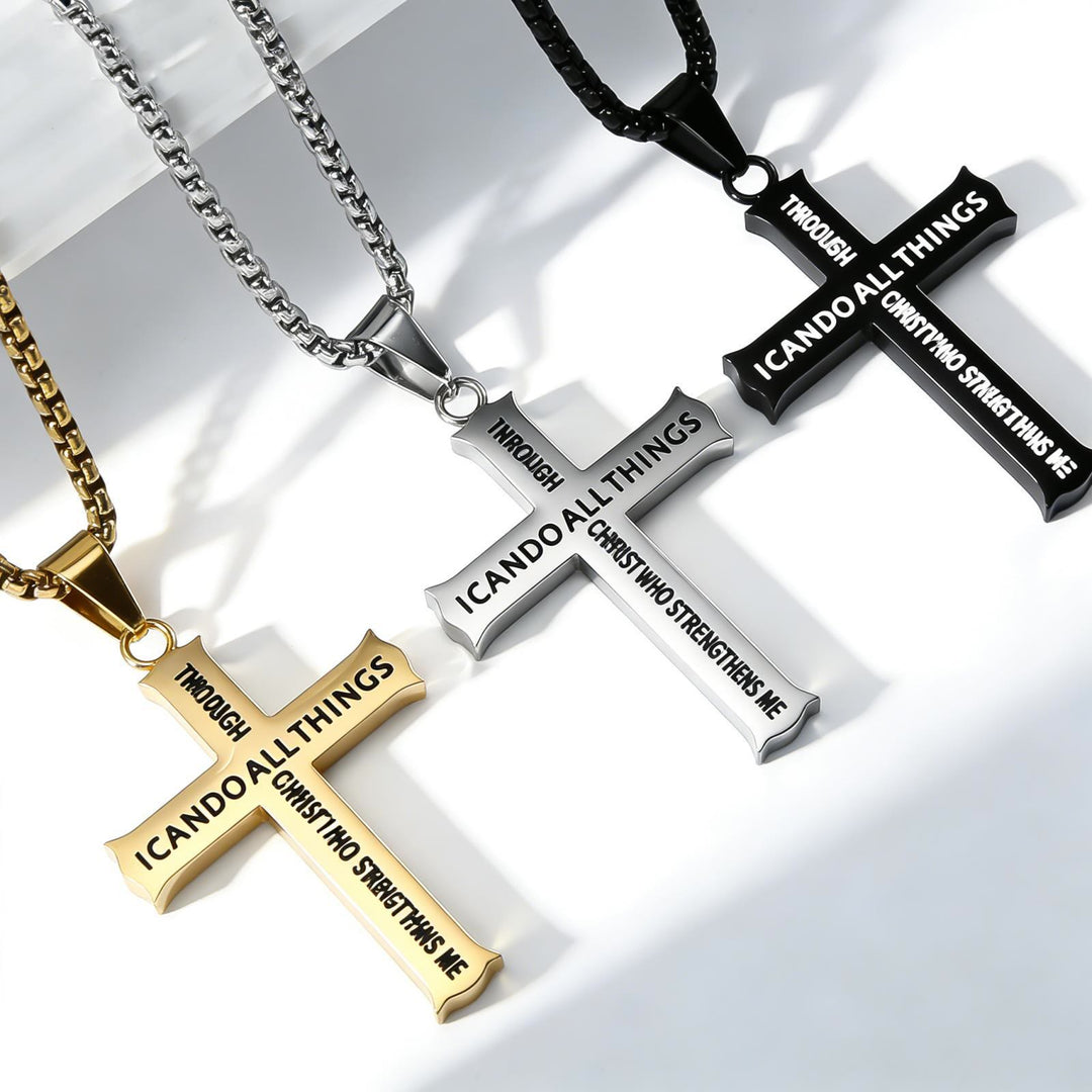 Christianartworkshop Collana con ciondolo a croce in acciaio inossidabile con citazione da Filippesi 4:13: un promemoria del rafforzamento divino - image 0