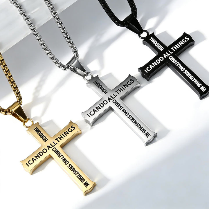 Christianartworkshop Collana con ciondolo a croce in acciaio inossidabile con citazione da Filippesi 4:13: un promemoria del rafforzamento divino - image 0