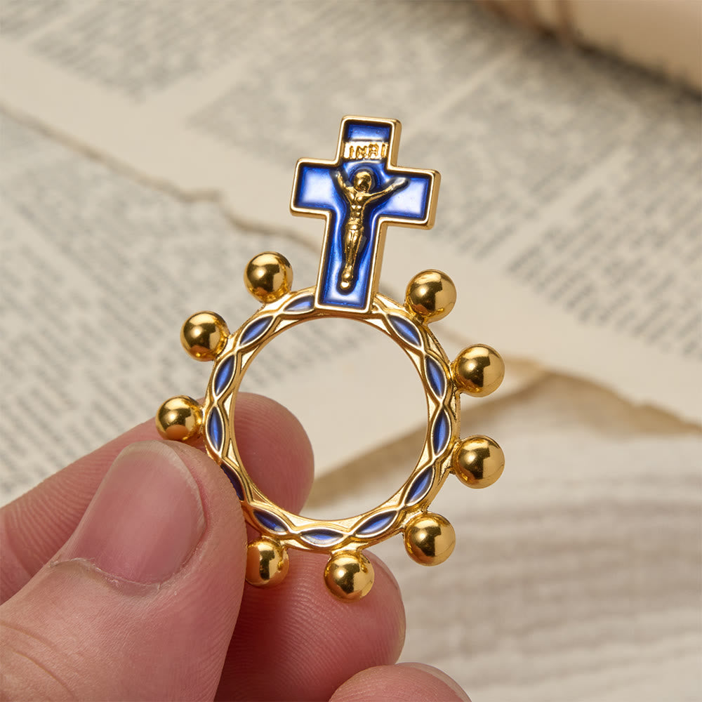Christianartworkshop Anello rosario da dito con crocifisso, smalto blu e decorazioni a perline (set da 5/10): simbolo di redenzione. - Oro e Blu - Set di 10 pezzi - image 0