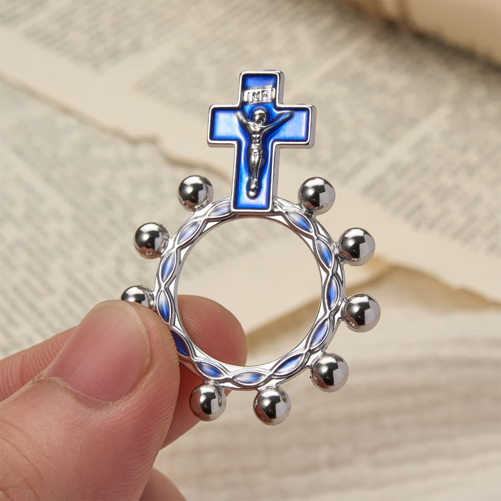 Christianartworkshop Anello rosario da dito con crocifisso, smalto blu e decorazioni a perline (set da 5/10): simbolo di redenzione. - Argento e blu - Set di 10 pezzi - image 6