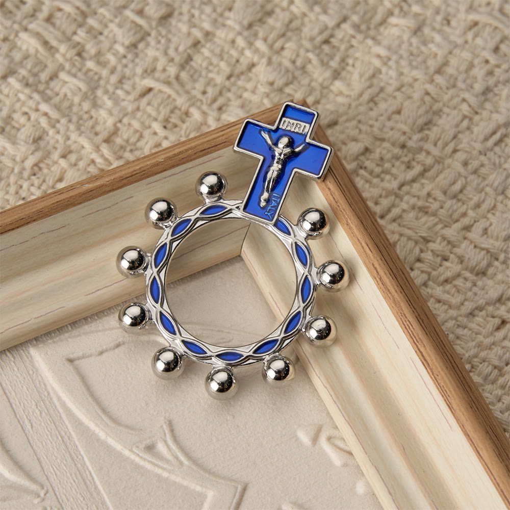 Christianartworkshop Anello rosario da dito con crocifisso, smalto blu e decorazioni a perline (set da 5/10): simbolo di redenzione. - image 10