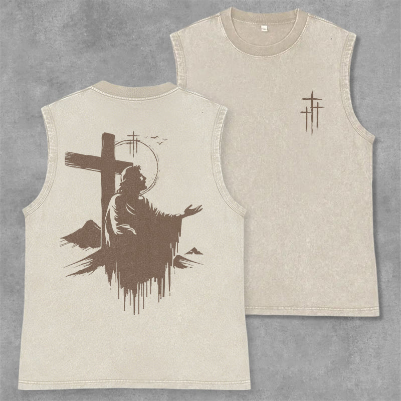 Christianartworkshop Canotta vintage con silhouette di Gesù e croce sul monte - Beige - 2XL - image 0