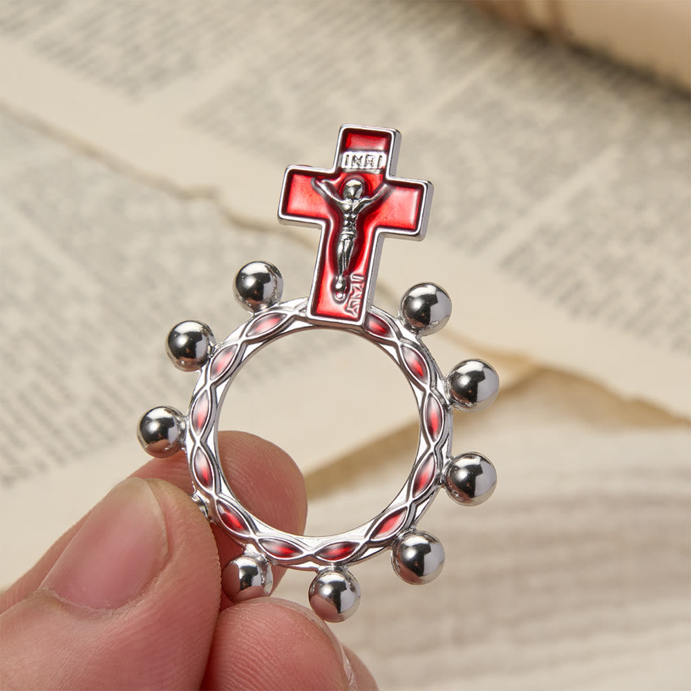 Christianartworkshop Anello rosario da dito con crocifisso, smalto rosso e decorazioni a perline (set da 5/10): simbolo di redenzione. - Argento e rosso - Set da 10 pezzi - image 0