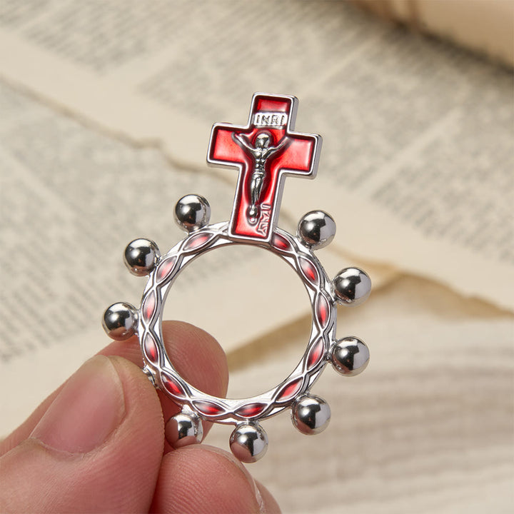Christianartworkshop Anello rosario da dito con crocifisso, smalto rosso e decorazioni a perline (set da 5/10): simbolo di redenzione. - Argento e rosso - Set da 10 pezzi - image 0