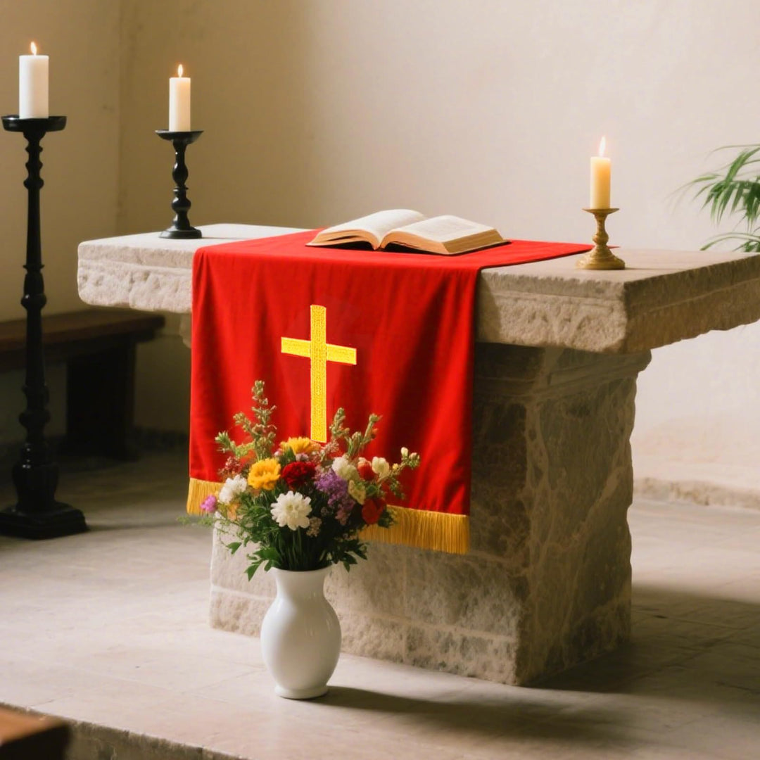 Christianartworkshop Set completo di paramenti sacri per la chiesa: runner da tavola, copritavolo per il leggio e segnalibro per la Bibbia in rosso e bianco - image 0