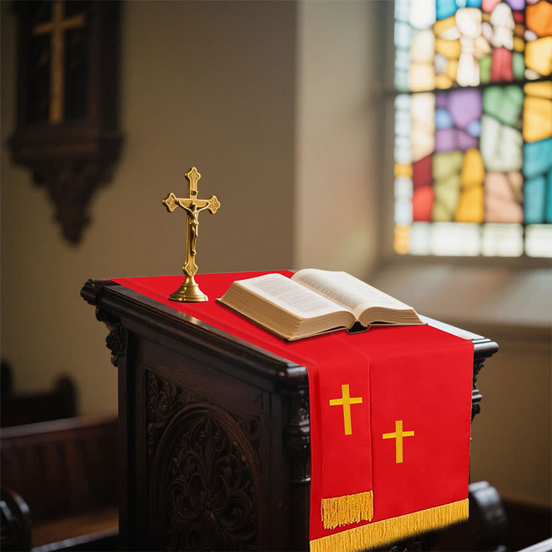 Christianartworkshop Set completo di paramenti sacri per la chiesa: runner da tavola, copritavolo per il leggio e segnalibro per la Bibbia in rosso e bianco - image 4