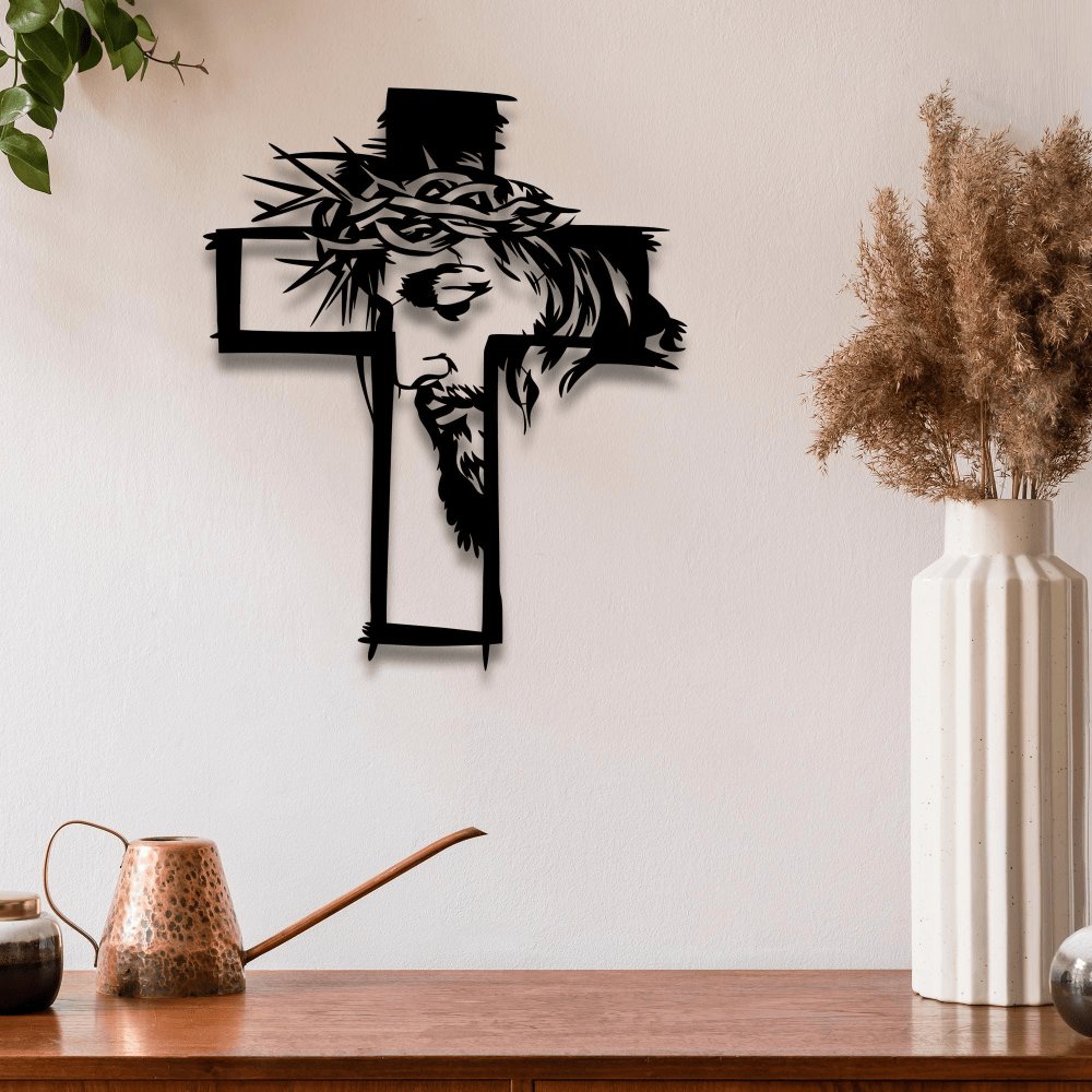 Christianartworkshop Decorazione murale in metallo con croce, Gesù e corona di spine: un suggestivo promemoria di grazia. - image 0