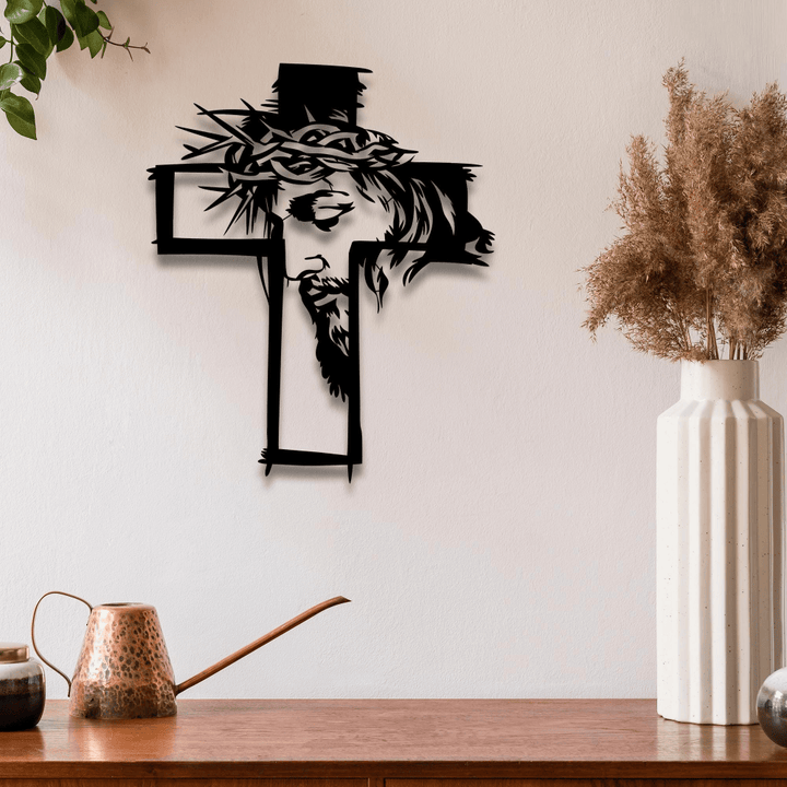 Christianartworkshop Decorazione murale in metallo con croce, Gesù e corona di spine: un suggestivo promemoria di grazia. - image 0